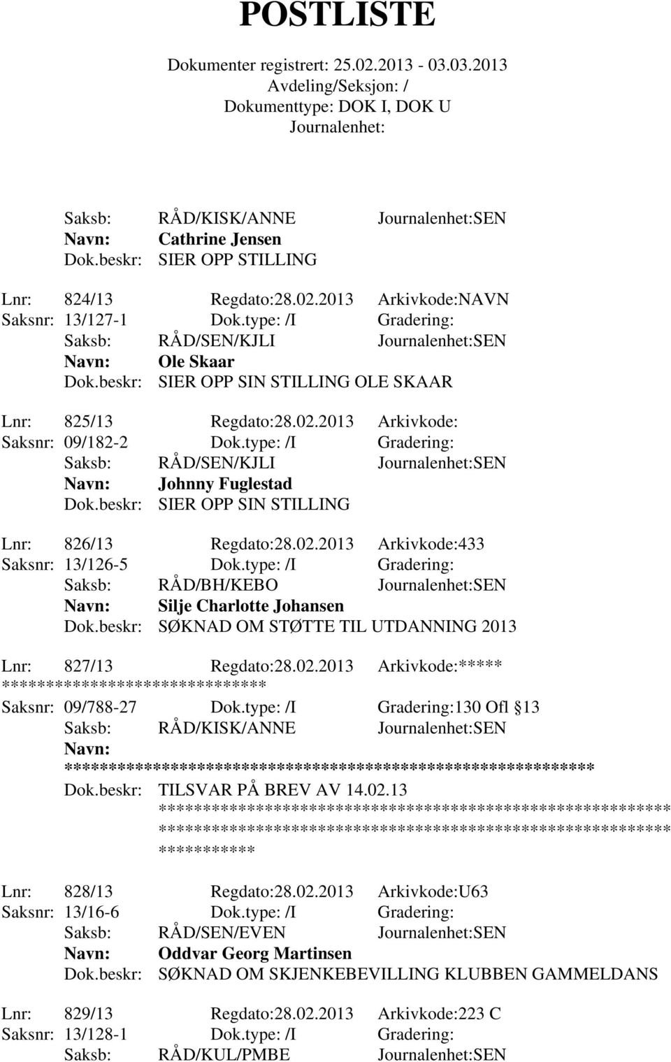 beskr: SIER OPP SIN STILLING Lnr: 826/13 Regdato:28.02.2013 Arkivkode:433 Saksnr: 13/126-5 Dok.type: /I Gradering: Saksb: RÅD/BH/KEBO SEN Silje Charlotte Johansen Dok.