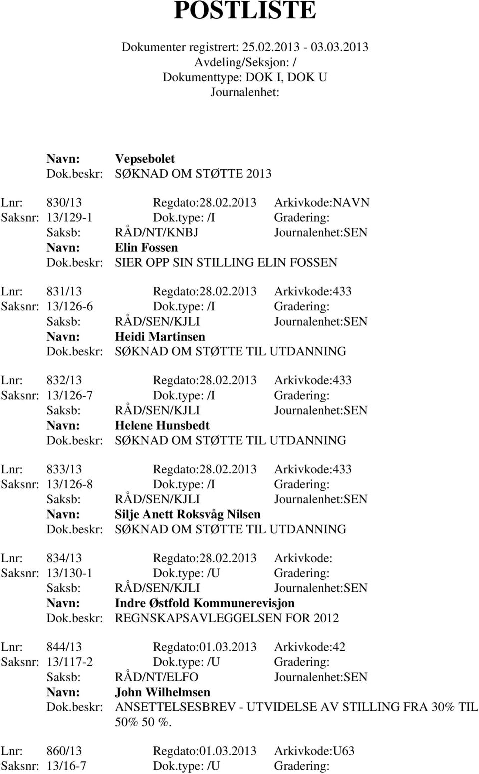 beskr: SØKNAD OM STØTTE TIL UTDANNING Lnr: 832/13 Regdato:28.02.2013 Arkivkode:433 Saksnr: 13/126-7 Dok.type: /I Gradering: Saksb: RÅD/SEN/KJLI SEN Helene Hunsbedt Dok.