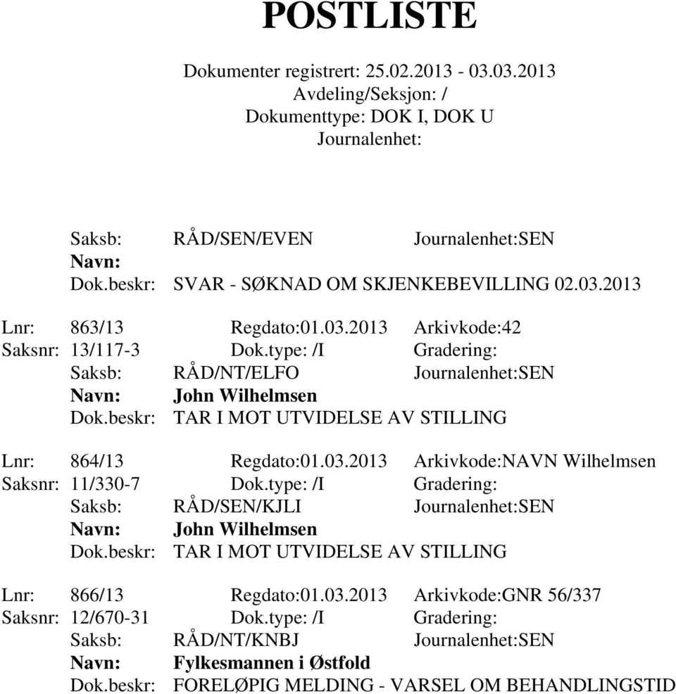 2013 Arkivkode:NAVN Wilhelmsen Saksnr: 11/330-7 Dok.type: /I Gradering: Saksb: RÅD/SEN/KJLI SEN John Wilhelmsen Dok.
