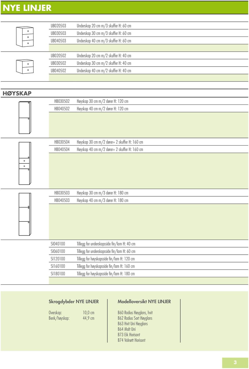 HB040504 Høyskap 30 cm m/2 dører+ 2 skuffer H: 160 cm Høyskap 40 cm m/2 dører+ 2 skuffer H: 160 cm HB030503 HB040503 Høyskap 30 cm m/3 dører H: 180 cm Høyskap 40 cm m/3 dører H: 180 cm SI040100