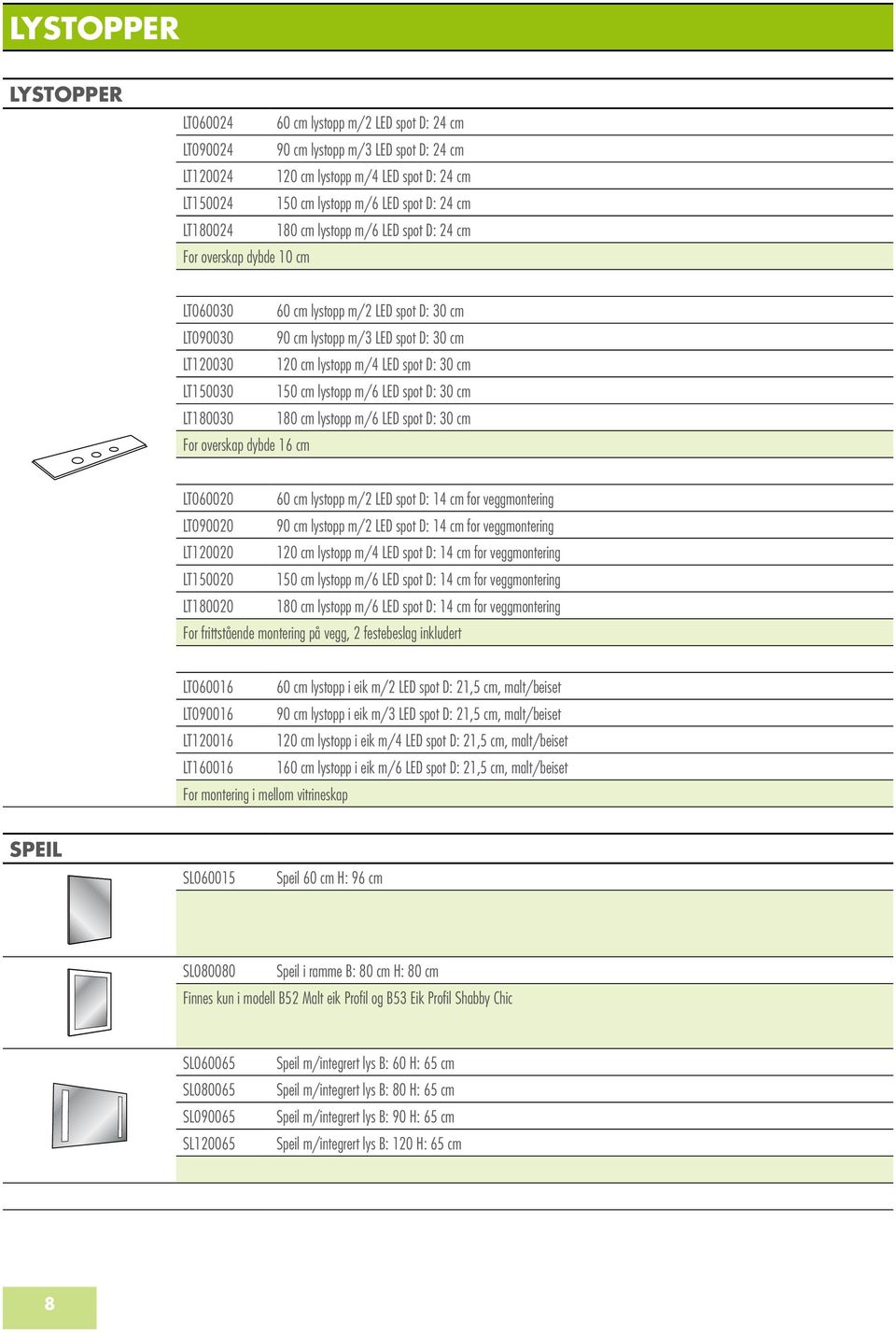 spot D: 30 cm LT150030 150 cm lystopp m/6 LED spot D: 30 cm LT180030 180 cm lystopp m/6 LED spot D: 30 cm For overskap dybde 16 cm LT060020 60 cm lystopp m/2 LED spot D: 14 cm for veggmontering