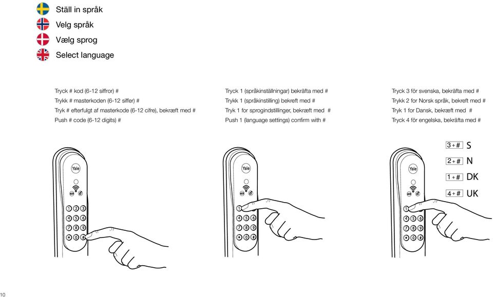 med # Tryk for sprogindstillinger, bekræft med # ush (language settings) confirm with # Tryck för svenska, bekräfta med # Trykk for