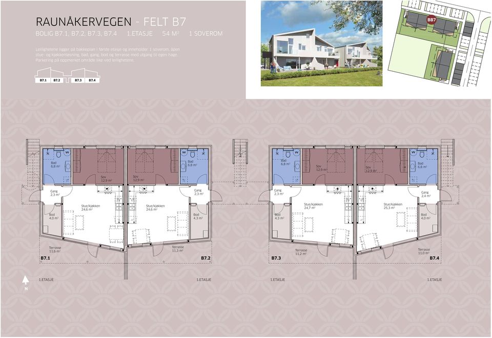 gang, bod og terrasse med utgang til egen hage. Parkering på oppmerket område like ved leilighetene. B7.1 B7.2 B7.3 B7.