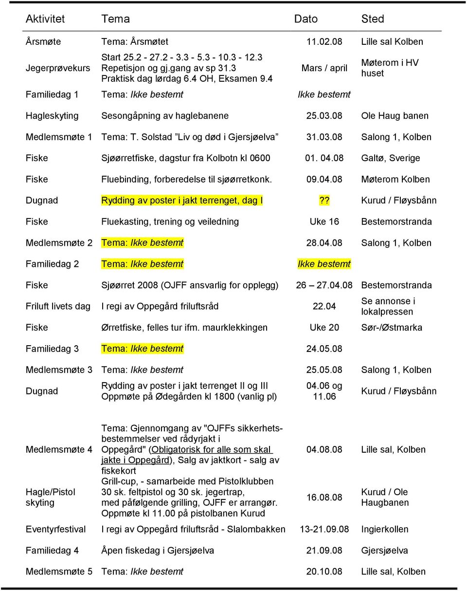Solstad Liv og død i Gjersjøelva 31.03.08 Salong 1, Kolben Fiske Sjøørretfiske, dagstur fra Kolbotn kl 0600 01. 04.08 Galtø, Sverige Fiske Fluebinding, forberedelse til sjøørretkonk. 09.04.08 Møterom Kolben Dugnad Rydding av poster i jakt terrenget, dag I?