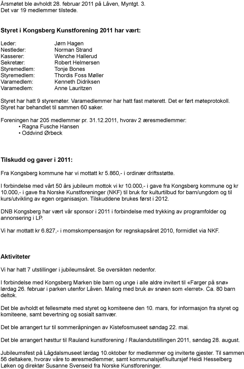 Thordis Foss Møller Kenneth Didriksen Anne Lauritzen Styret har hatt 9 styremøter. Varamedlemmer har hatt fast møterett. Det er ført møteprotokoll. Styret har behandlet til sammen 60 saker.