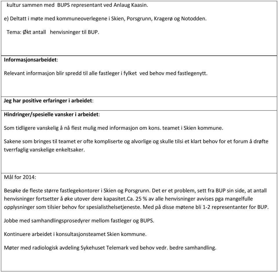 Jeg har positive erfaringer i arbeidet: Hindringer/spesielle vansker i arbeidet: Som tidligere vanskelig å nå flest mulig med informasjon om kons. teamet i Skien kommune.