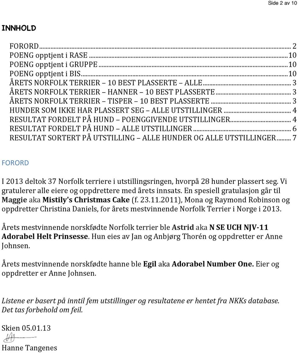 .. 4 RESULTAT FORDELT PÅ HUND POENGGIVENDE UTSTILLINGER... 4 RESULTAT FORDELT PÅ HUND ALLE UTSTILLINGER... 6 RESULTAT SORTERT PÅ UTSTILLING ALLE HUNDER OG ALLE UTSTILLINGER.