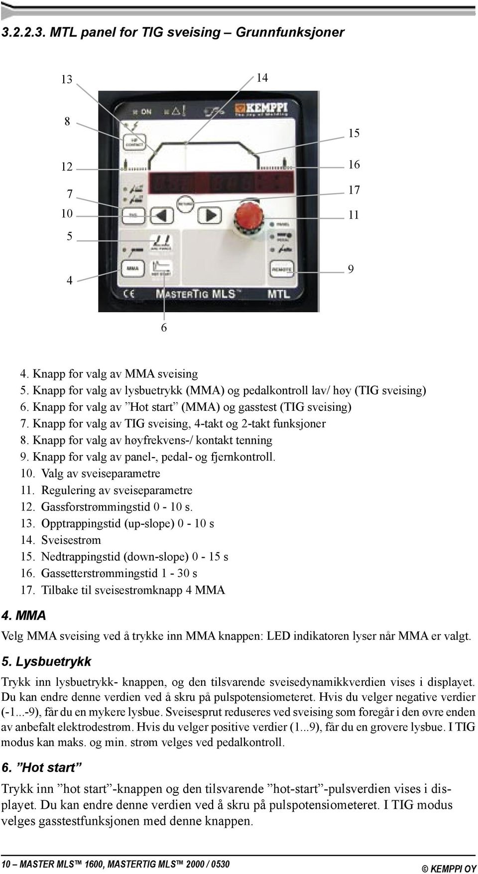 Knapp for valg av TIG sveising, 4-takt og 2-takt funksjoner 8. Knapp for valg av høyfrekvens-/ kontakt tenning 9. Knapp for valg av panel-, pedal- og fjernkontroll. 10. Valg av sveiseparametre 11.