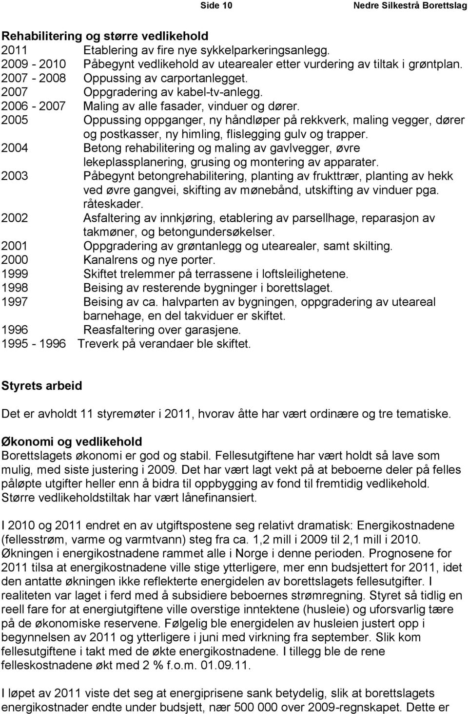 2006-2007 Maling av alle fasader, vinduer og dører. 2005 Oppussing oppganger, ny håndløper på rekkverk, maling vegger, dører og postkasser, ny himling, flislegging gulv og trapper.