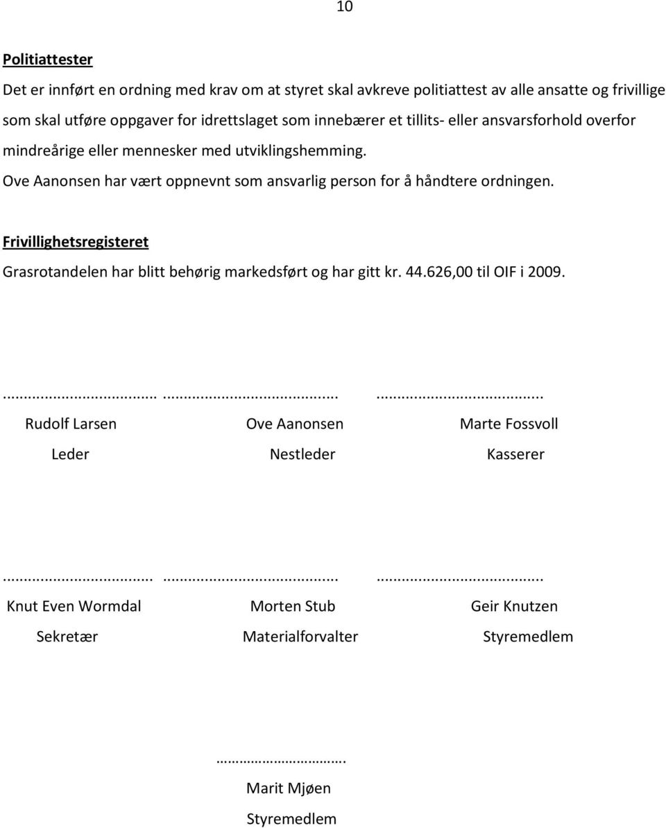 Ove Aanonsen har vært oppnevnt som ansvarlig person for å håndtere ordningen. Frivillighetsregisteret Grasrotandelen har blitt behørig markedsført og har gitt kr.