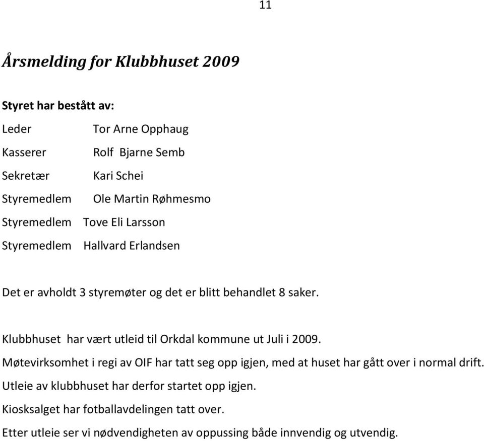 Klubbhuset har vært utleid til Orkdal kommune ut Juli i 2009.