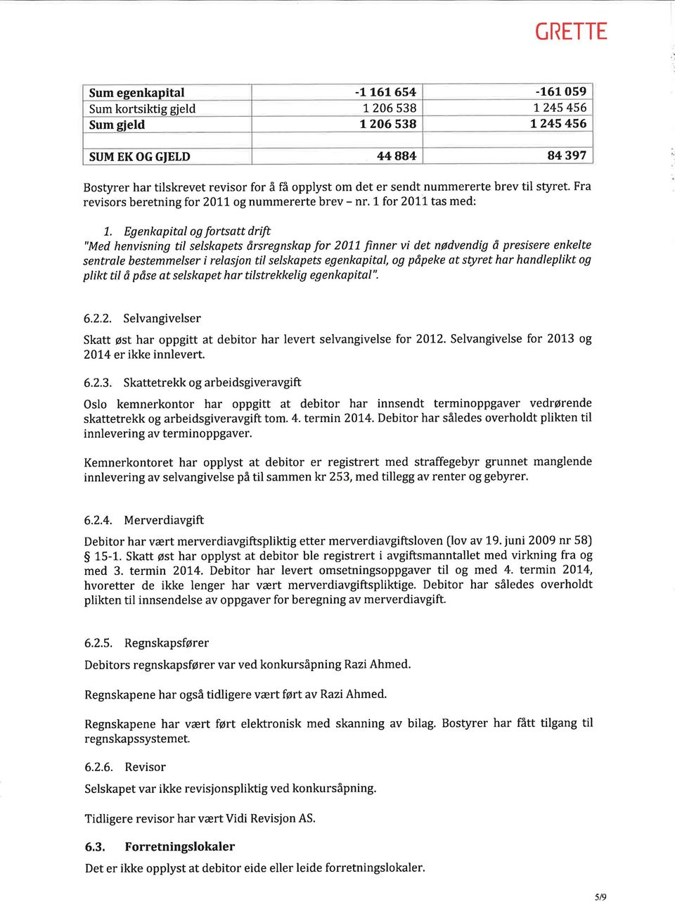 Egenkapital og fortsatt drift "Med henvisning til selskapets årsregnskap for 2011 finner vi det nødvendig å presisere enkelte sentrale bestemmelser i relasjon til selskapets egenkapital, og påpeke at