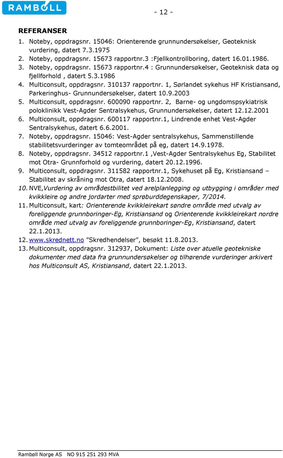 1, Sørlandet sykehus HF Kristiansand, Parkeringhus- Grunnundersøkelser, datert 10.9.2003 5. Multiconsult, oppdragsnr. 600090 rapportnr.