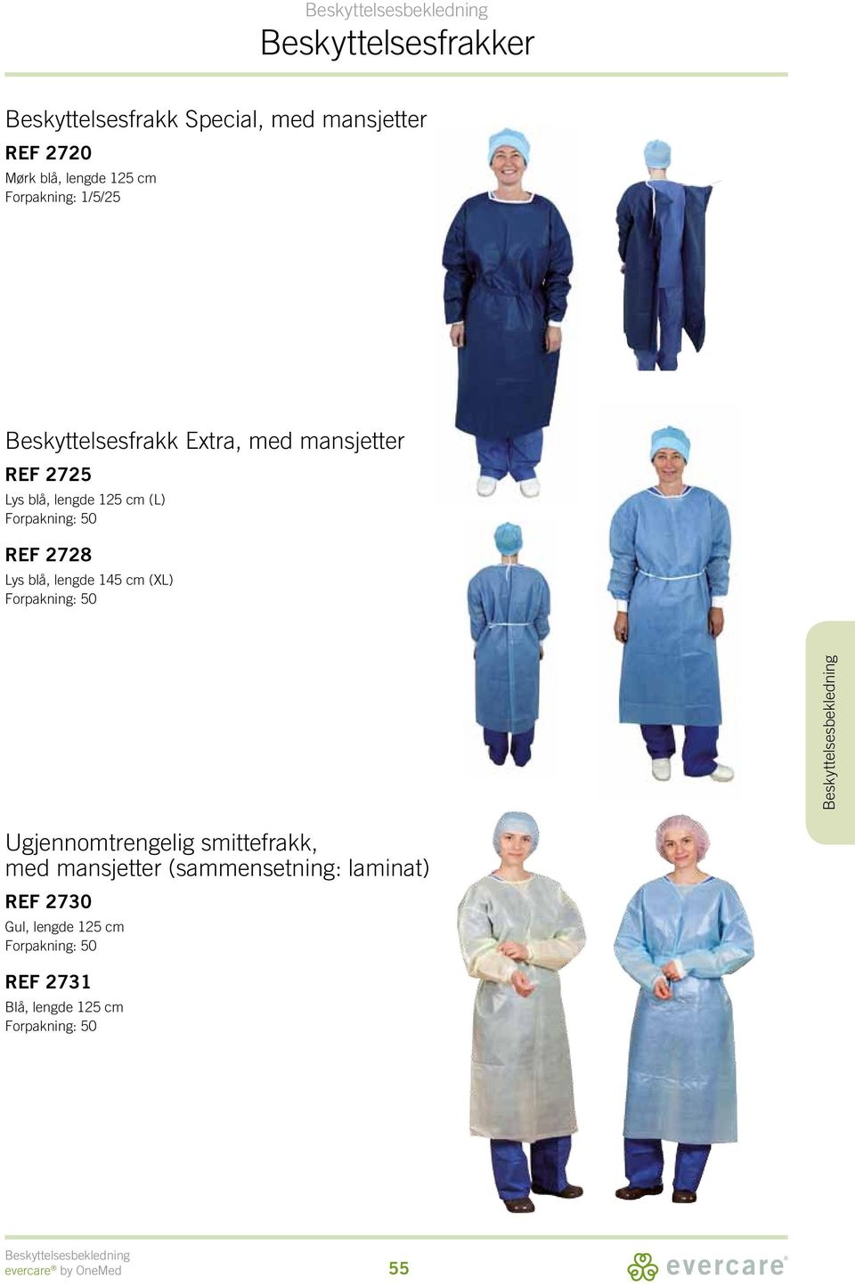 lengde 125 cm (L) REF 2728 Lys blå, lengde 145 cm (XL) Ugjennomtrengelig smittefrakk,