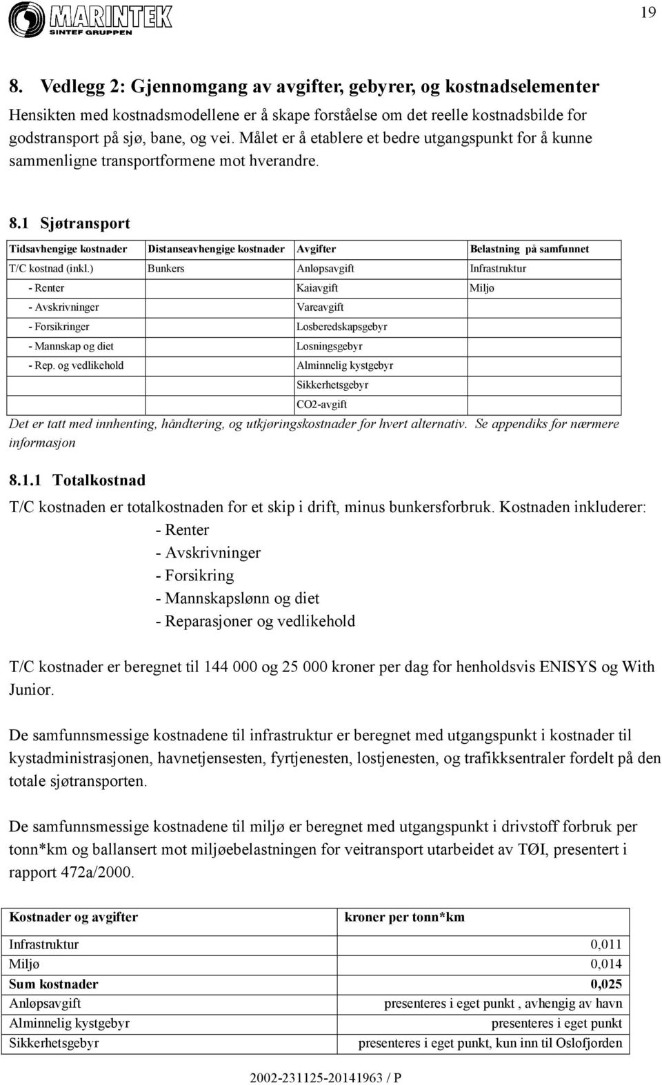 1 Sjøtransport Tidsavhengige kostnader Distanseavhengige kostnader Avgifter Belastning på samfunnet T/C kostnad (inkl.