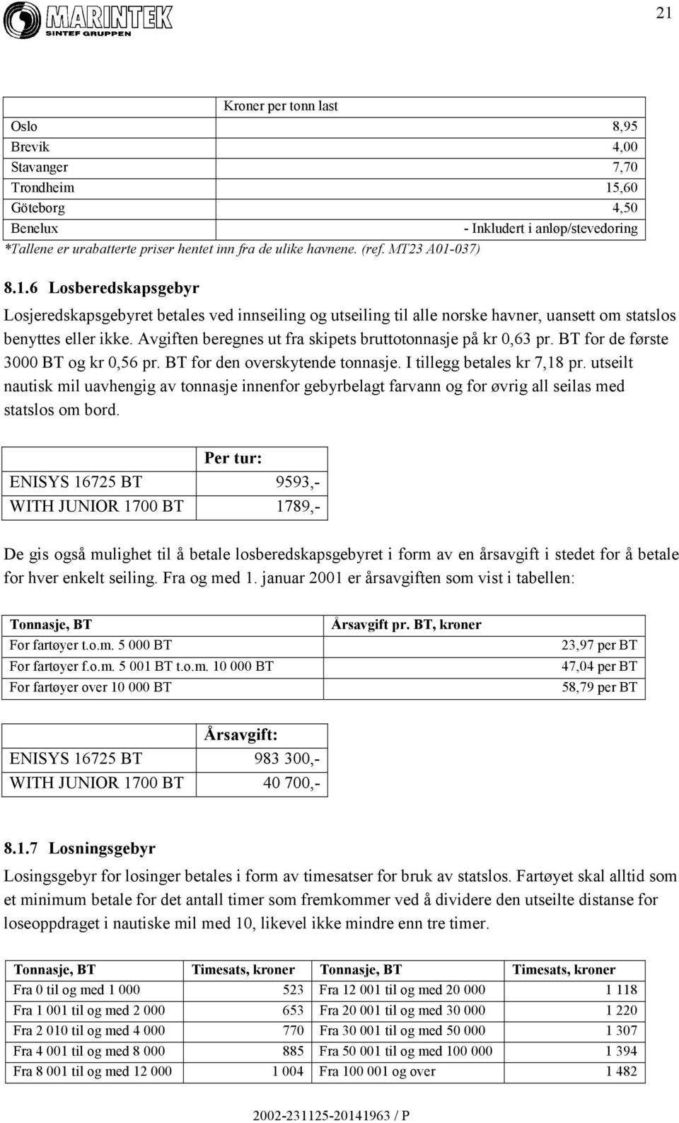 Avgiften beregnes ut fra skipets bruttotonnasje på kr 0,63 pr. BT for de første 3000 BT og kr 0,56 pr. BT for den overskytende tonnasje. I tillegg betales kr 7,18 pr.