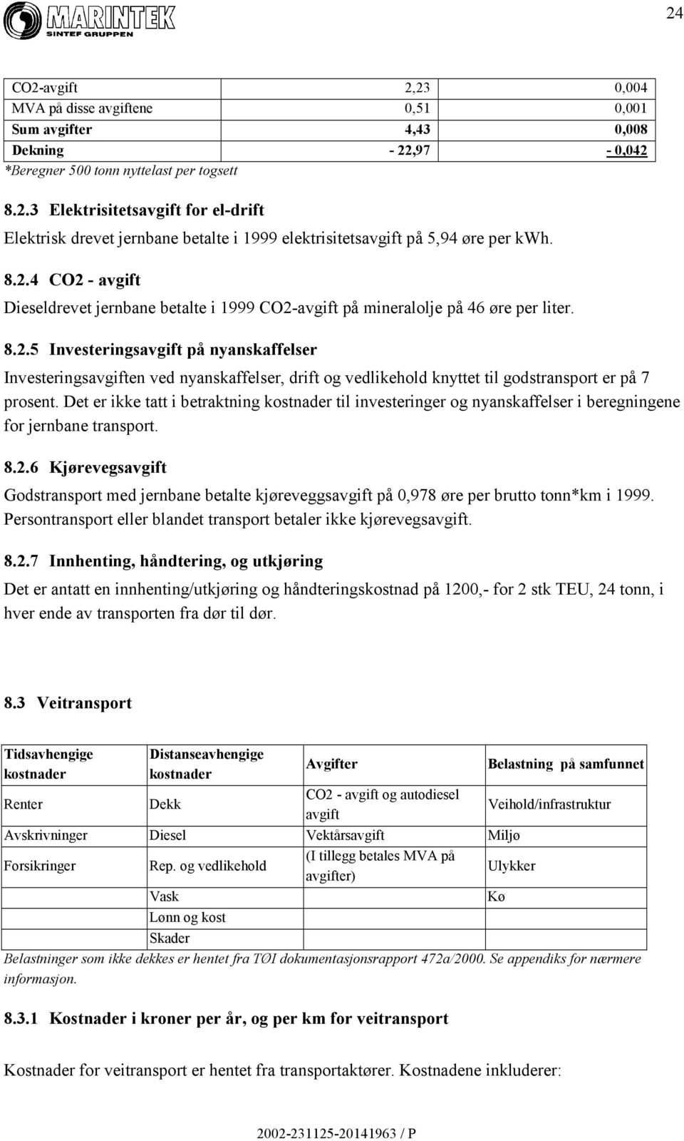 Det er ikke tatt i betraktning kostnader til investeringer og nyanskaffelser i beregningene for jernbane transport. 8.2.