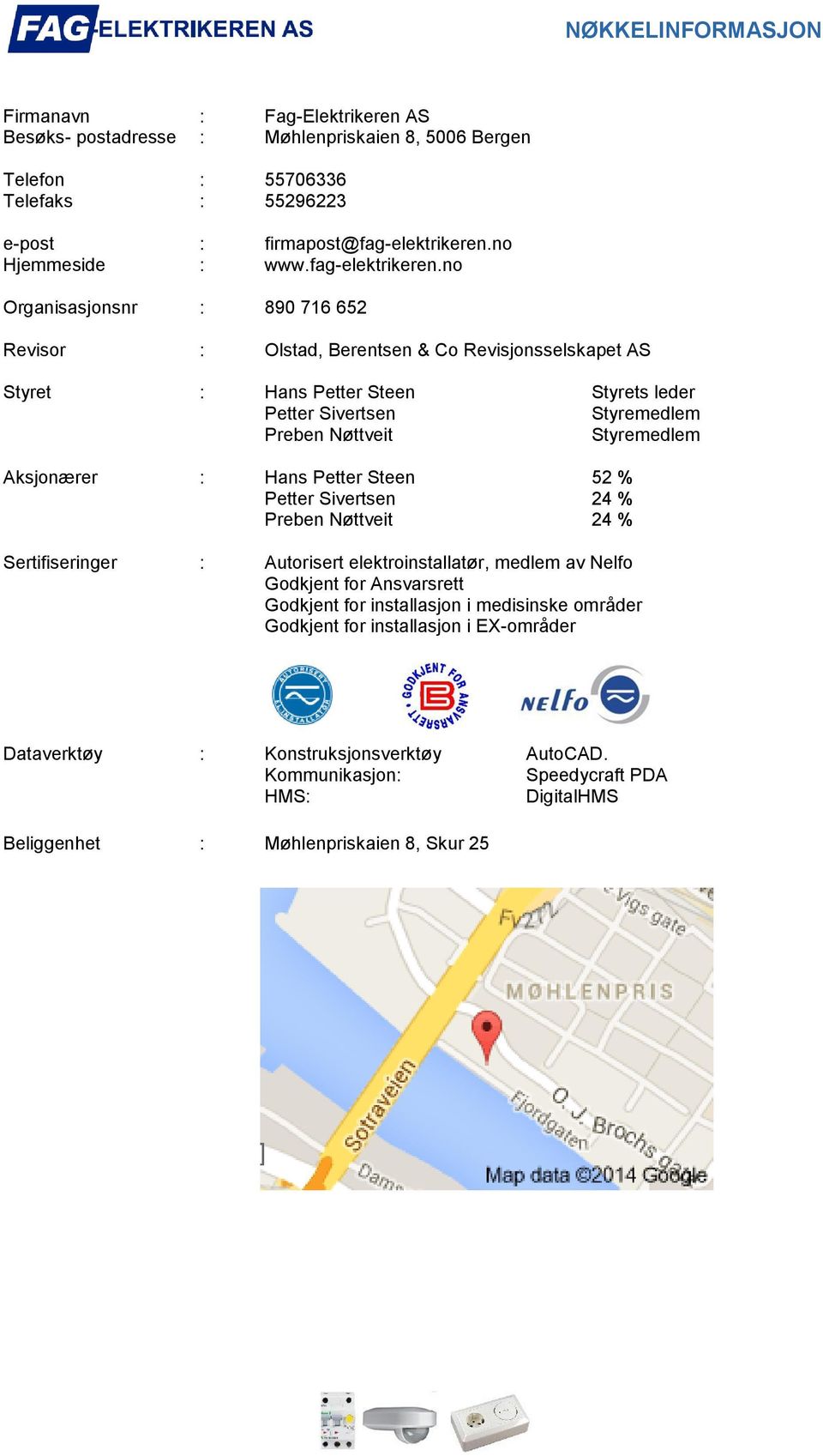 no Organisasjonsnr : 890 716 652 Revisor : Olstad, Berentsen & Co Revisjonsselskapet AS Styret : Hans Petter Steen Styrets leder Petter Sivertsen Styremedlem Preben Nøttveit Styremedlem Aksjonærer :