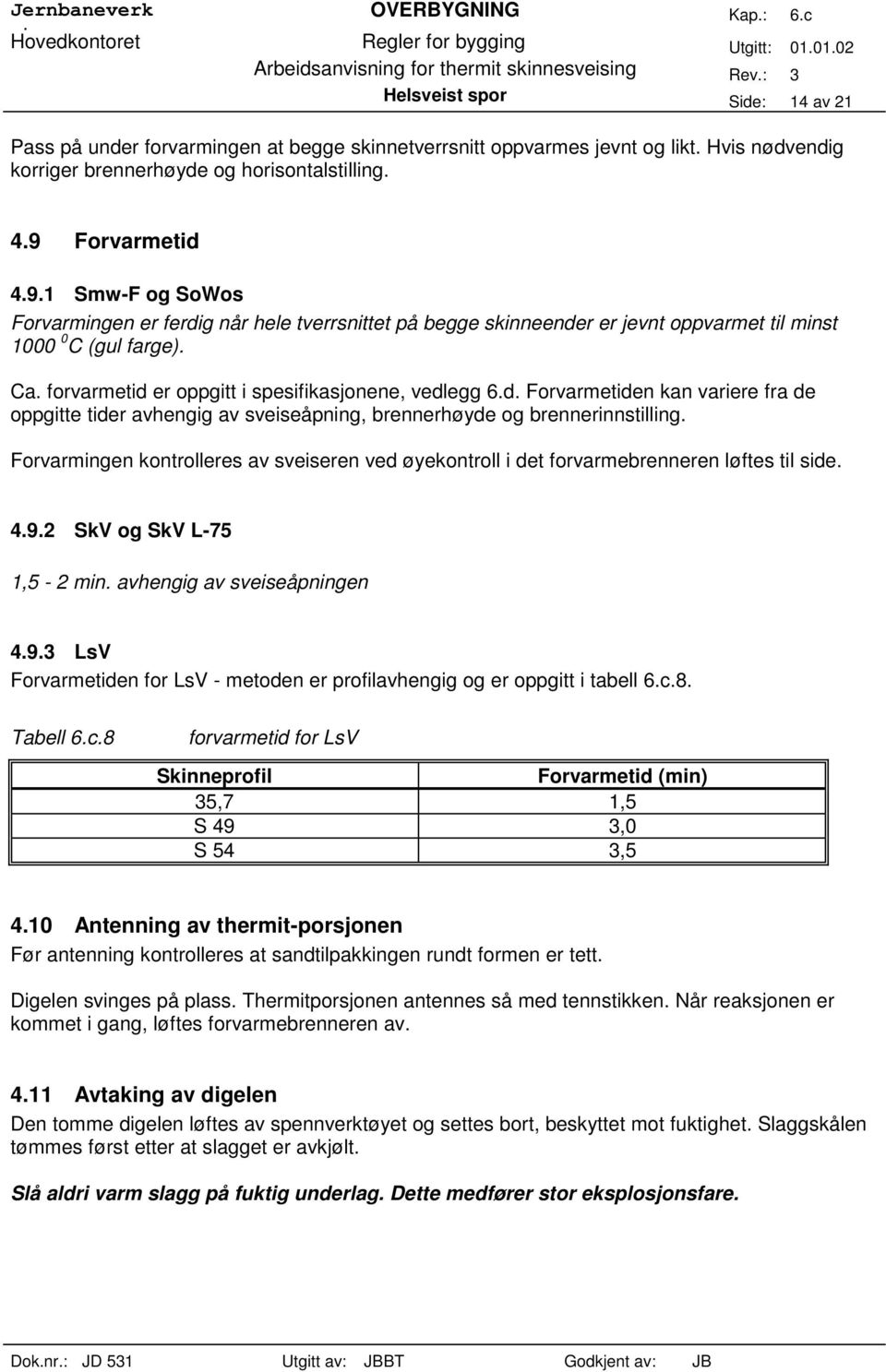 Forvarmingen konrolleres av sveiseren ved øyekonroll i de forvarmebrenneren løfes il side. 4.9.2 SkV og SkV L-75 1,5-2 min. avhengig av sveiseåpningen 4.9.3 LsV Forvarmeiden for LsV - meoden er profilavhengig og er oppgi i abell 6.