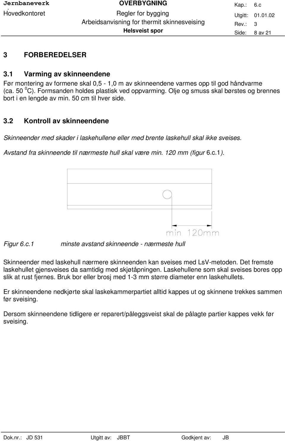 2 Konroll av skinneendene Skinneender med skader i laskehullene eller med brene laskehull skal ikke sveises. Avsand fra skinneende il nærmese hull skal være min. 120 mm (figur 6.c.