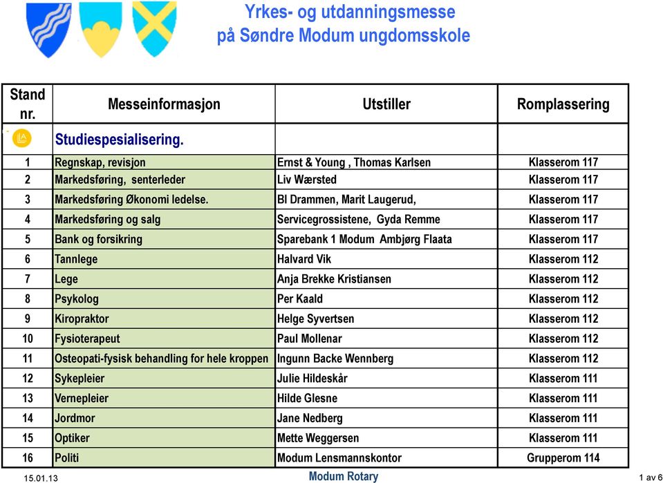 BI Drammen, Marit Laugerud, Klasserom 117 4 Markedsføring og salg Servicegrossistene, Gyda Remme Klasserom 117 5 Bank og forsikring Sparebank 1 Modum Ambjørg Flaata Klasserom 117 6 Tannlege Halvard