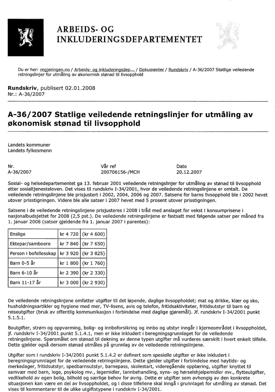 : A-36/2007 A-36/2007 Statlige veiledende retningslinjer for utmåling av økonomisk stønad til livsopphold Landets kommuner Landets fylkesmenn Nr. A-36/2007 V~r ref 200706156-/MCH Dato 20.12.