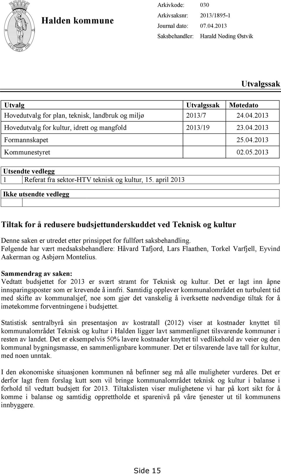 04.2013 Kommunestyret 02.05.2013 Utsendte vedlegg 1 Referat fra sektor-htv teknisk og kultur, 15.