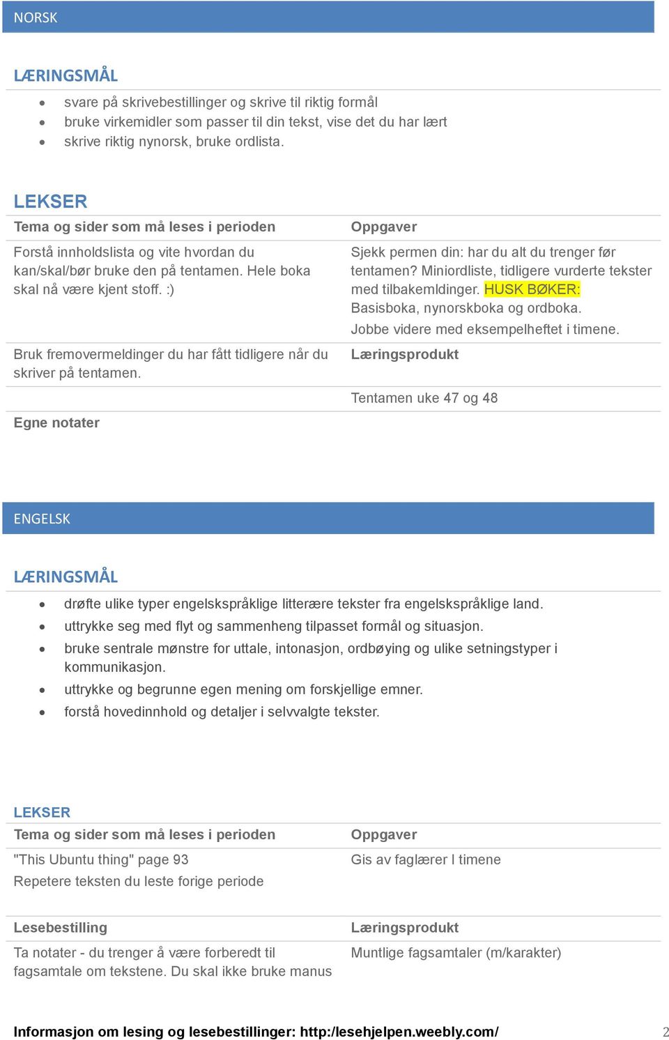 Sjekk permen din: har du alt du trenger før tentamen? Miniordliste, tidligere vurderte tekster med tilbakemldinger. HUSK BØKER: Basisboka, nynorskboka og ordboka.