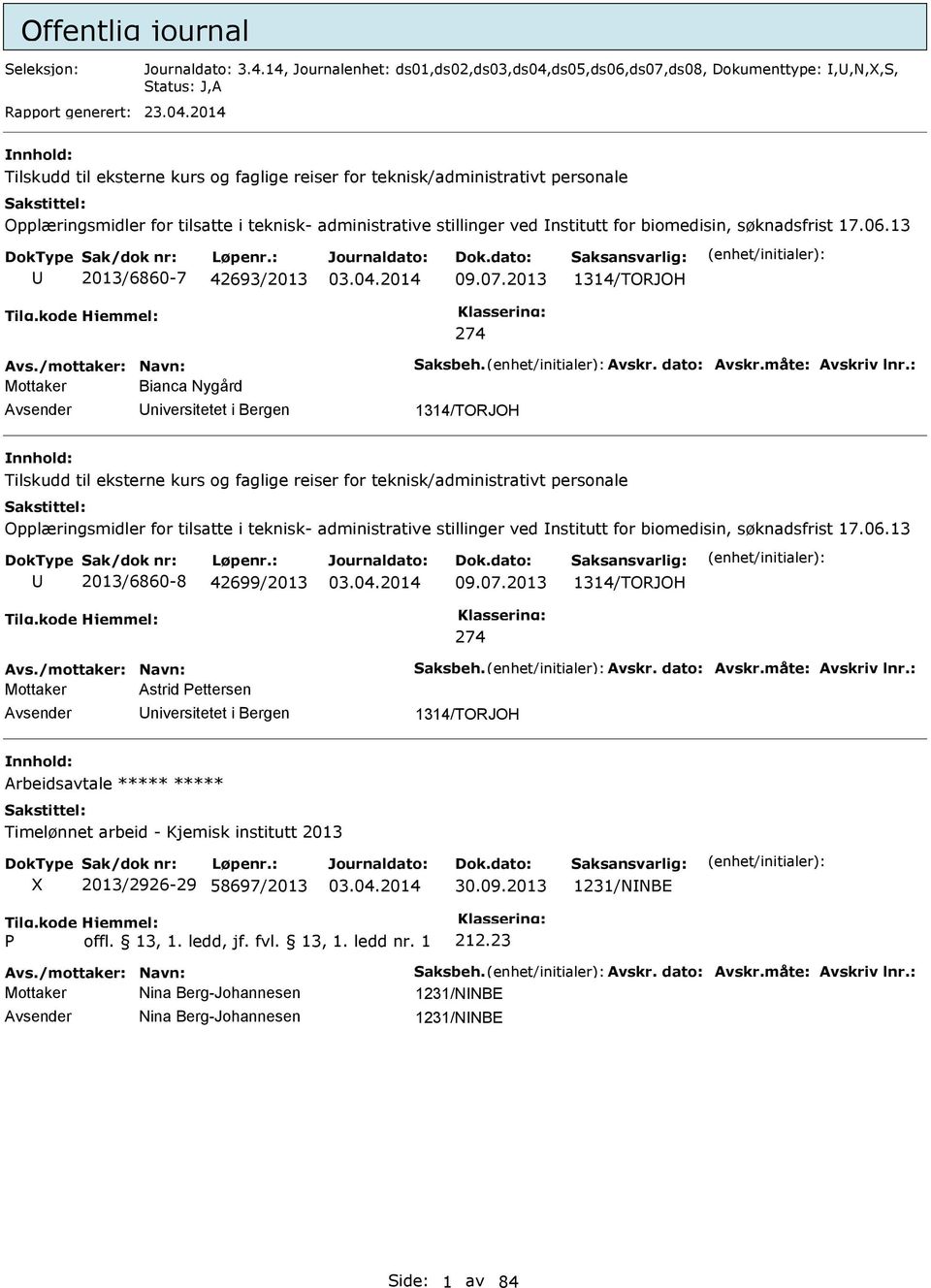 2014 Tilskudd til eksterne kurs og faglige reiser for teknisk/administrativt personale Opplæringsmidler for tilsatte i teknisk- administrative stillinger ved nstitutt for biomedisin, søknadsfrist 17.