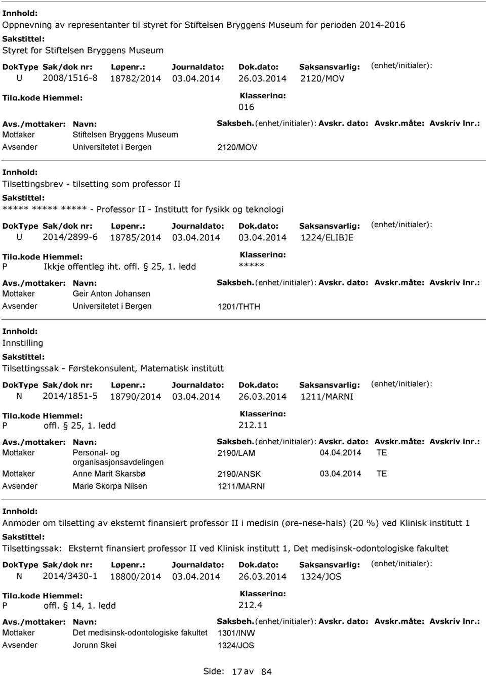 : Mottaker Stiftelsen Bryggens Museum niversitetet i Bergen 2120/MOV Tilsettingsbrev - tilsetting som professor - rofessor - nstitutt for fysikk og teknologi 2014/2899-6 18785/2014 1224/ELBJE kkje