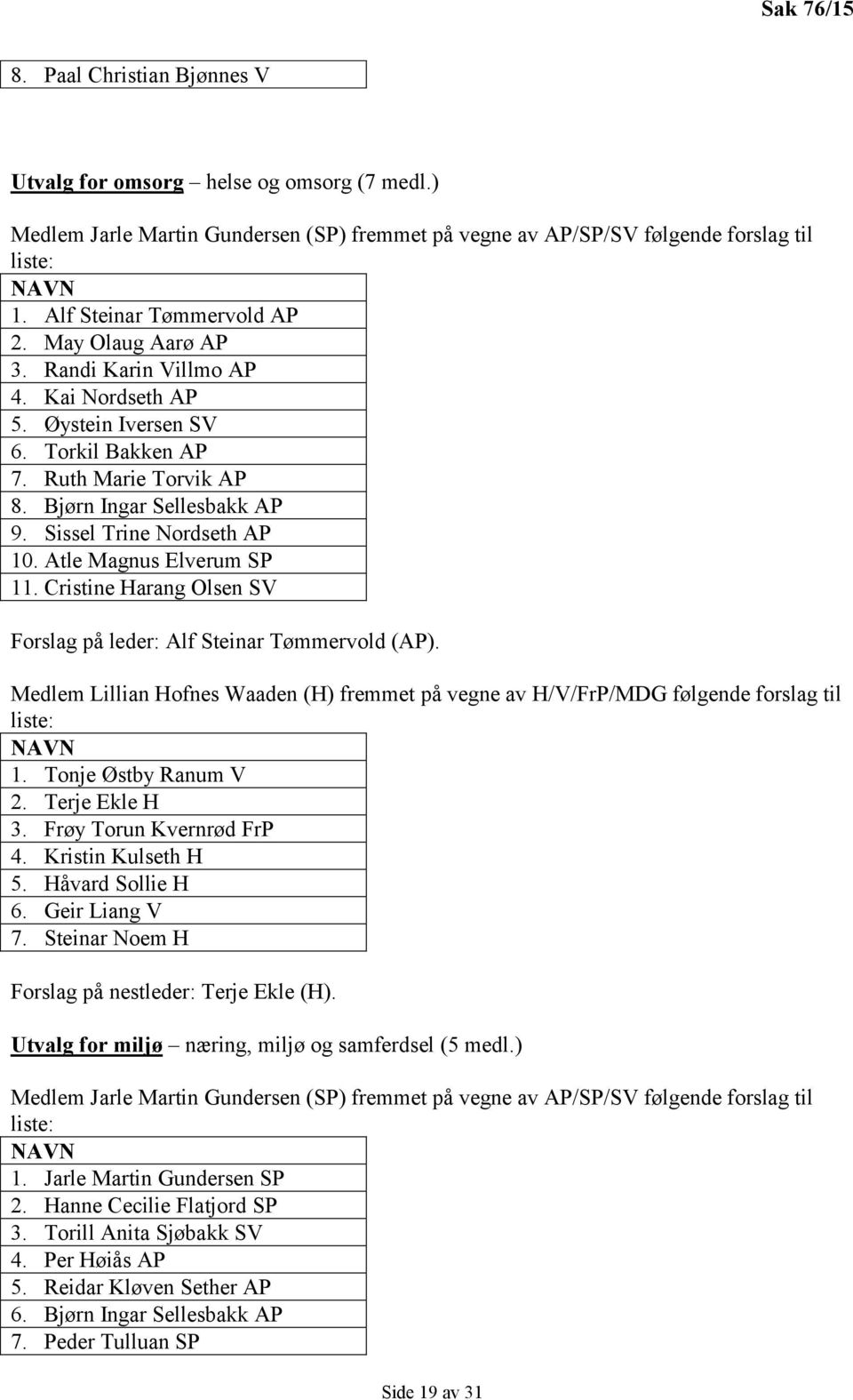 Sissel Trine Nordseth AP 10. Atle Magnus Elverum SP 11. Cristine Harang Olsen SV Forslag på leder: Alf Steinar Tømmervold (AP).