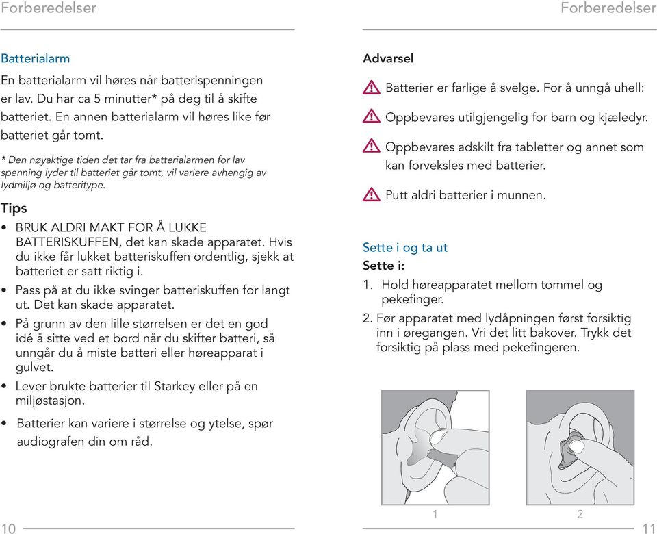 * Den nøyaktige tiden det tar fra batterialarmen for lav spenning lyder til batteriet går tomt, vil variere avhengig av lydmiljø og batteritype.