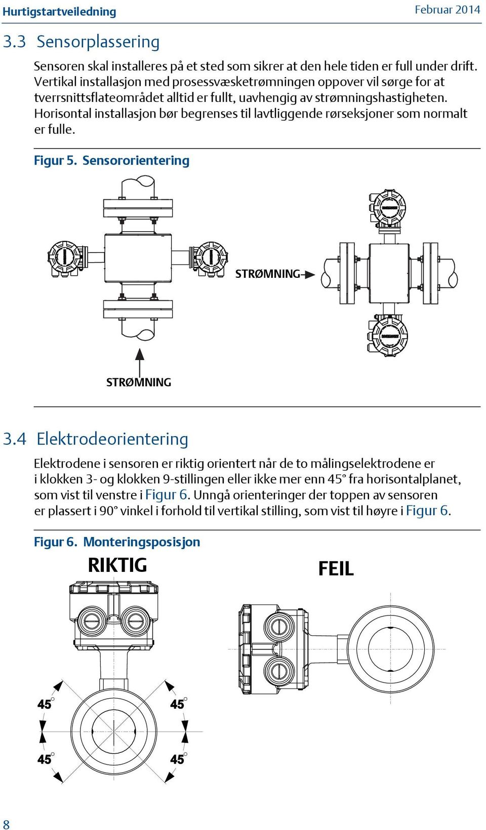 Horisontal installasjon bør begrenses til lavtliggende rørseksjoner som normalt er fulle. Figur 5. Sensororientering STRØMNING STRØMNING 3.