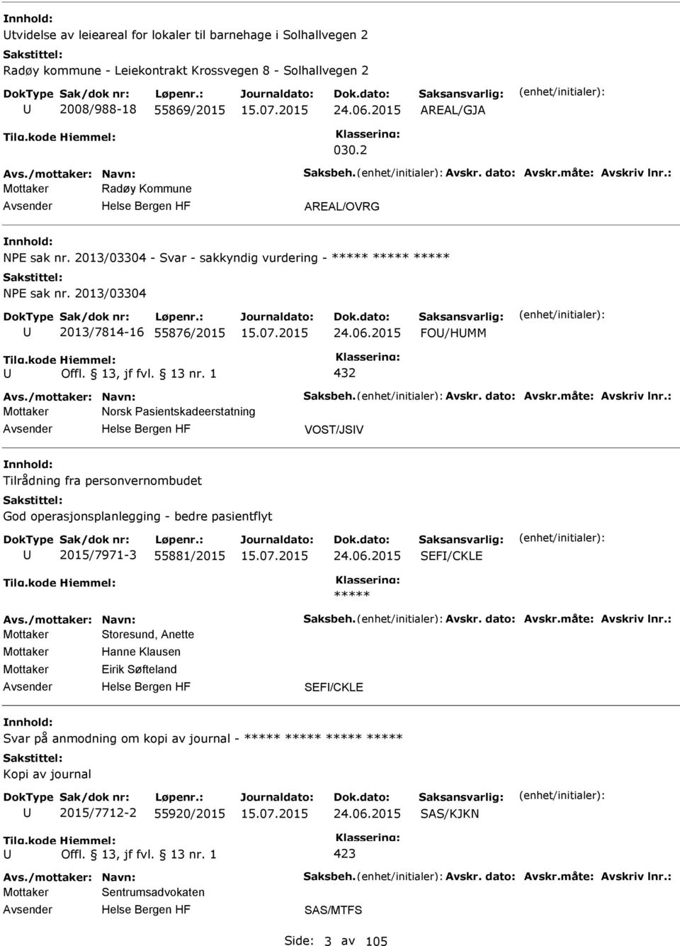 2013/03304 2013/7814-16 55876/2015 24.06.2015 FO/HMM 432 Avs./mottaker: Navn: Saksbeh. Avskr. dato: Avskr.måte: Avskriv lnr.