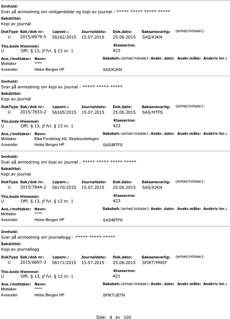 : Mottaker Eika Forsikring AS, Skadeavdelingen SAS/MTFS Svar på anmodning om kopi av journal - Kopi av journal 2015/7844-2 56170/2015 25.06.2015 SAS/KJKN 423 Avs./mottaker: Navn: Saksbeh. Avskr.