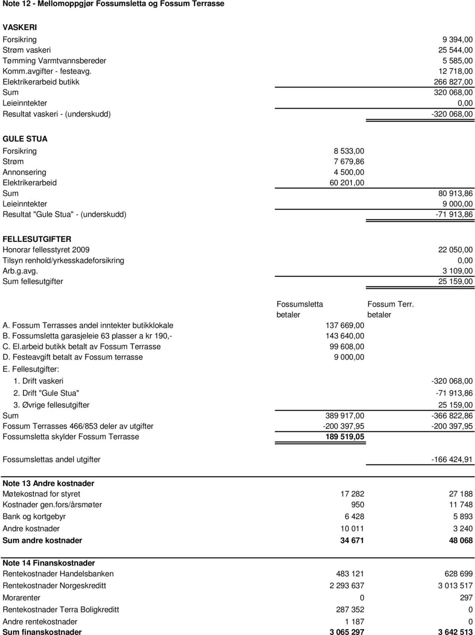 Elektrikerarbeid 60 201,00 Sum 80 913,86 Leieinntekter 9 000,00 Resultat "Gule Stua" - (underskudd) -71 913,86 FELLESUTGIFTER Honorar fellesstyret 2009 22 050,00 Tilsyn renhold/yrkesskadeforsikring