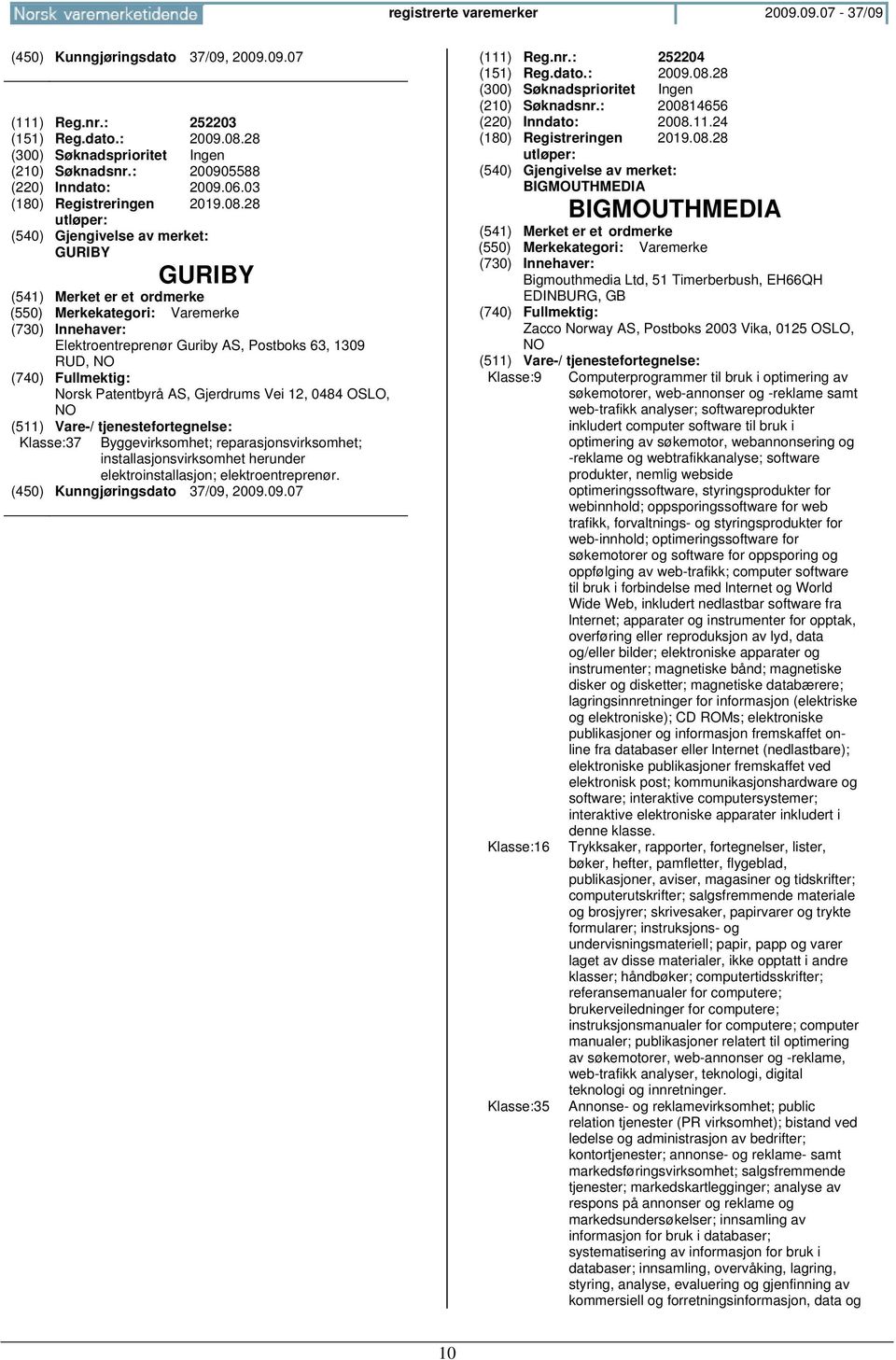 28 GURIBY GURIBY Elektroentreprenør Guriby AS, Postboks 63, 1309 RUD, Norsk Patentbyrå AS, Gjerdrums Vei 12, 0484 OSLO, Klasse:37 Byggevirksomhet; reparasjonsvirksomhet; installasjonsvirksomhet