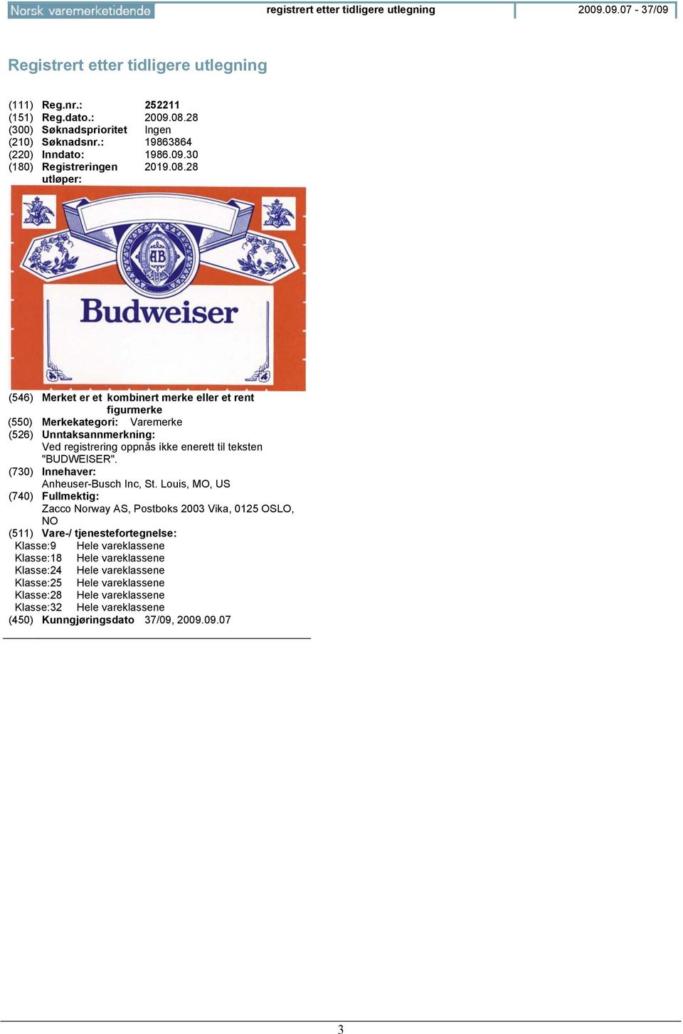 28 (546) Merket er et kombinert merke eller et rent figurmerke (526) Unntaksannmerkning: Ved registrering oppnås ikke enerett til teksten "BUDWEISER".