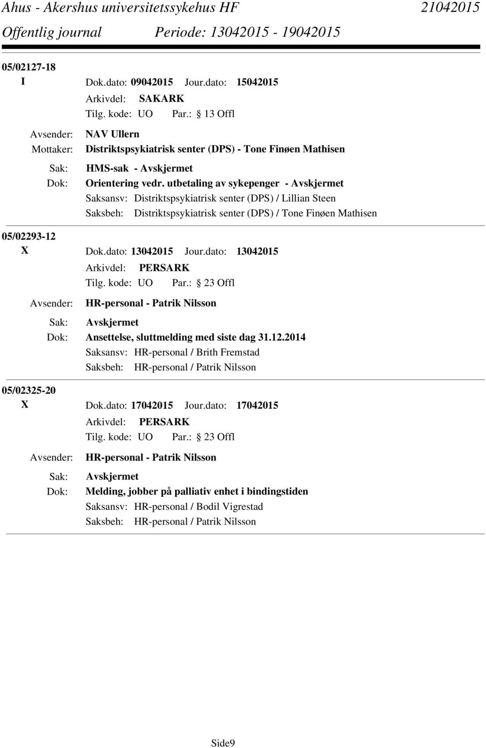 dato: 13042015 Jour.dato: 13042015 HR-personal - Patrik Nilsson Ansettelse, sluttmelding med siste dag 31.12.