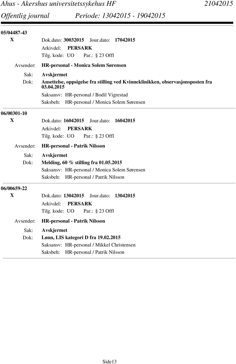 dato: 16042015 Jour.dato: 16042015 HR-personal - Patrik Nilsson Melding, 60 % stilling fra 01.05.