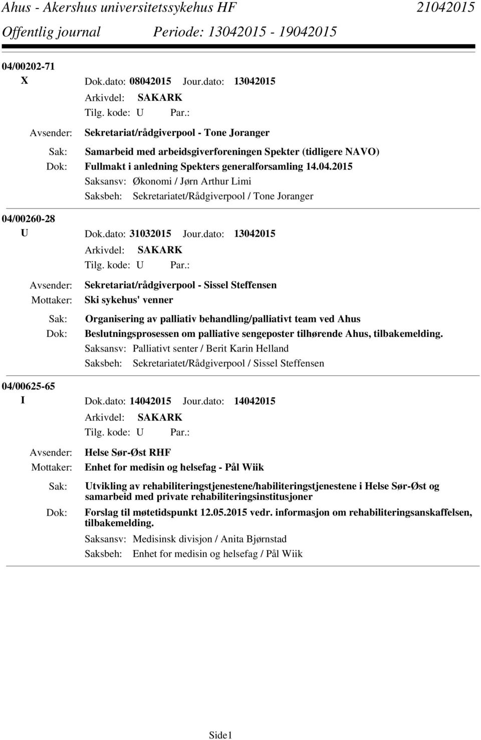 2015 Saksansv: Økonomi / Jørn Arthur Limi Saksbeh: Sekretariatet/Rådgiverpool / Tone Joranger 04/00260-28 U Dok.dato: 31032015 Jour.dato: 13042015 Tilg. kode: U Par.