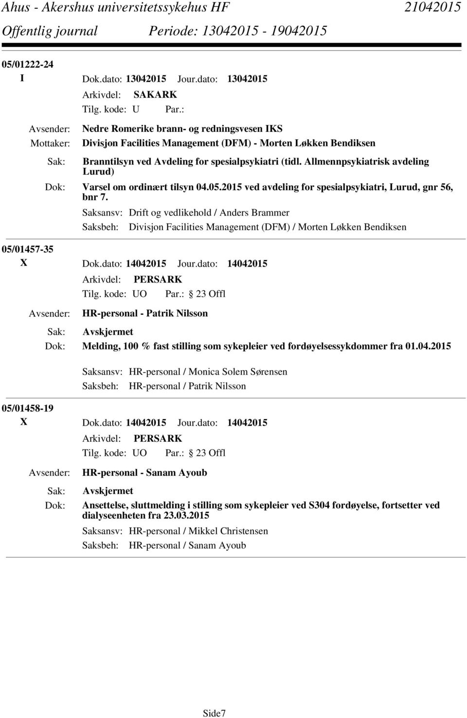 Allmennpsykiatrisk avdeling Lurud) Varsel om ordinært tilsyn 04.05.2015 ved avdeling for spesialpsykiatri, Lurud, gnr 56, bnr 7.
