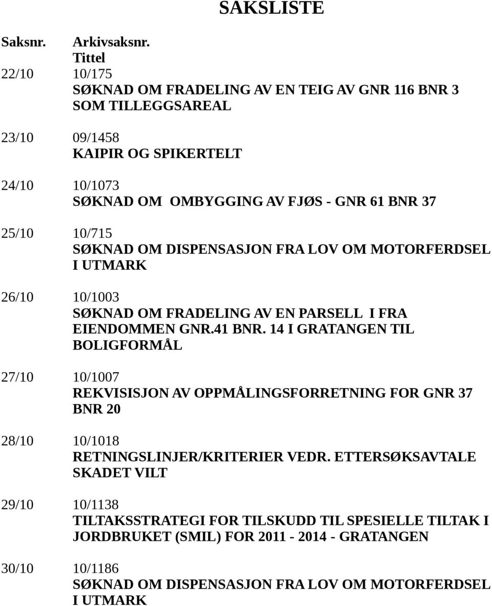 37 25/10 10/715 SØKNAD OM DISPENSASJON FRA LOV OM MOTORFERDSEL I UTMARK 26/10 10/1003 SØKNAD OM FRADELING AV EN PARSELL I FRA EIENDOMMEN GNR.41 BNR.