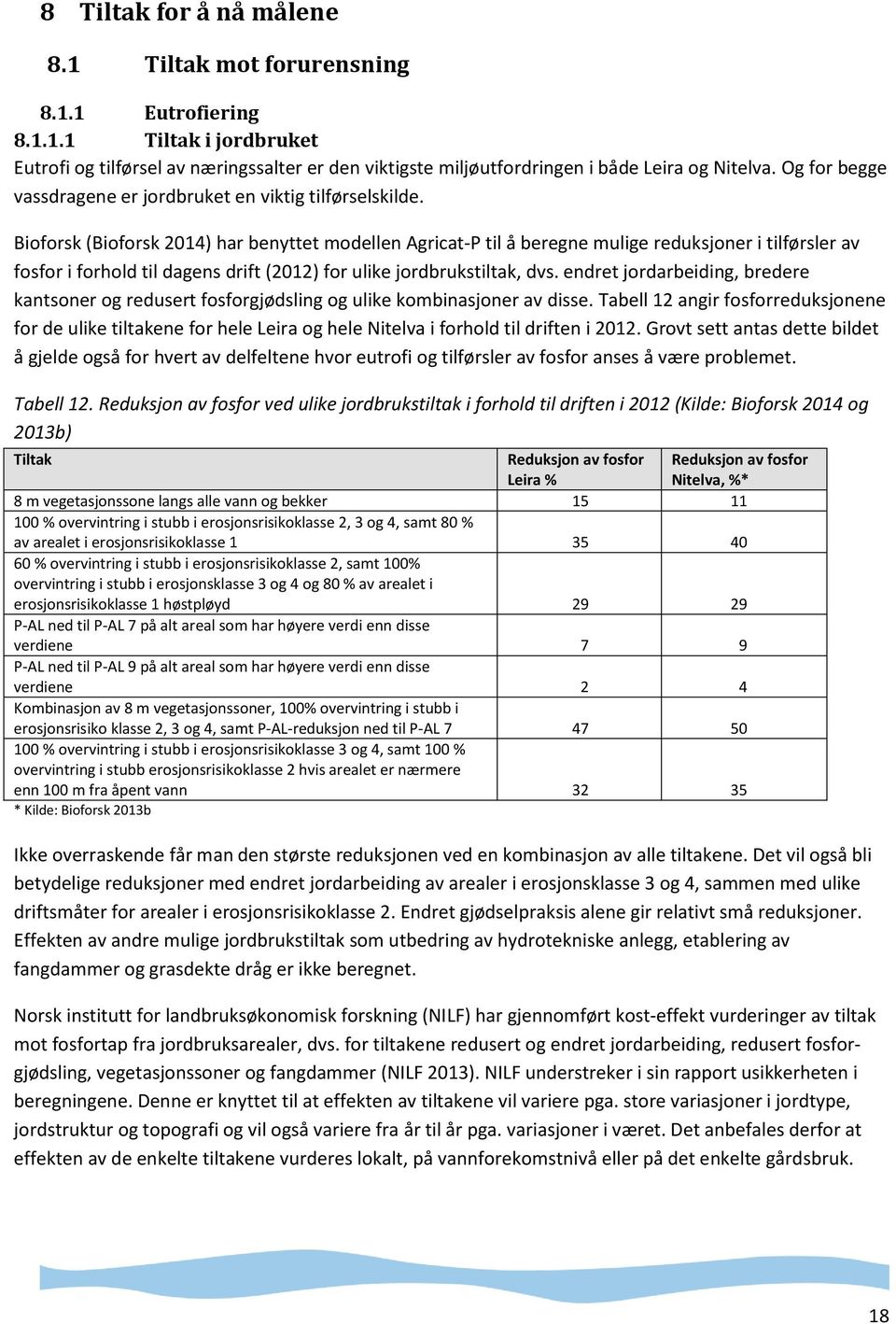 Bioforsk (Bioforsk 2014) har benyttet modellen Agricat-P til å beregne mulige reduksjoner i tilførsler av fosfor i forhold til dagens drift (2012) for ulike jordbrukstiltak, dvs.