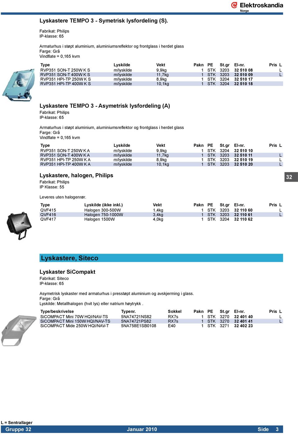 Pris L RVP351 SON-T 250W K S m/lyskilde 9,9kg 1 STK 3203 32 510 08 L RVP351 SON-T 400W K S m/lyskilde 11,7kg 1 STK 3203 32 510 09 L RVP351 HPI-TP 250W K S m/lyskilde 8,9kg 1 STK 3204 32 510 17 RVP351