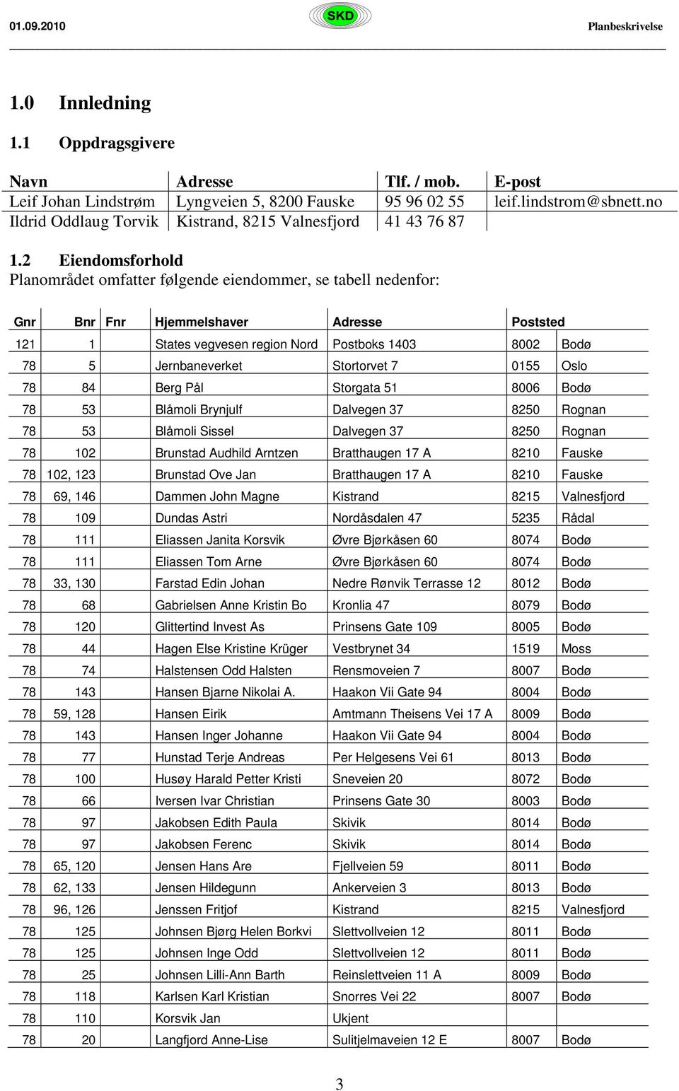 2 Eiendomsforhold Planområdet omfatter følgende eiendommer, se tabell nedenfor: Gnr Bnr Fnr Hjemmelshaver Adresse Poststed 121 1 States vegvesen region Nord Postboks 1403 8002 Bodø 78 5