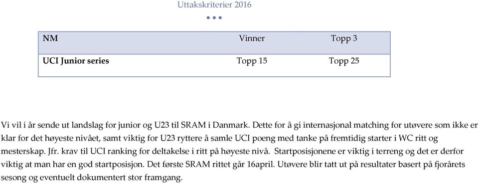 fremtidig starter i WC ritt og mesterskap. Jfr. krav til UCI ranking for deltakelse i ritt på høyeste nivå.