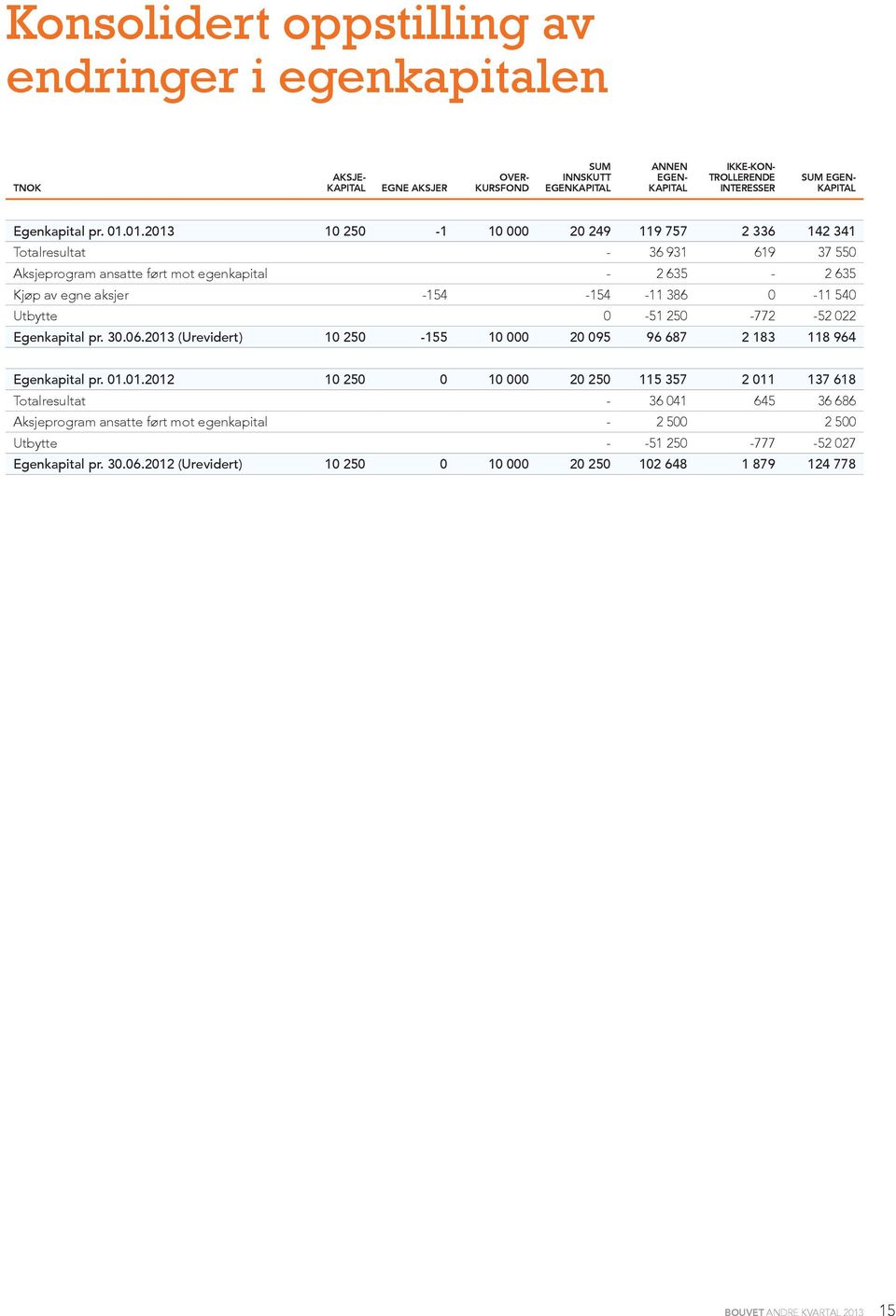 01.2013 10 250-1 10 000 20 249 119 757 2 336 142 341 Totalresultat - 36 931 619 37 550 Aksjeprogram ansatte ført mot egenkapital - 2 635-2 635 Kjøp av egne aksjer -154-154 -11 386 0-11 540 Utbytte