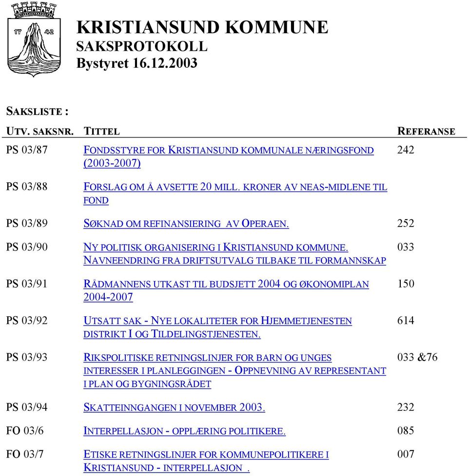 KRONER AV NEAS-MIDLENE TIL FOND PS 03/89 SØKNAD OM REFINANSIERING AV OPERAEN. 252 PS 03/90 PS 03/91 PS 03/92 PS 03/93 NY POLITISK ORGANISERING I KRISTIANSUND KOMMUNE.