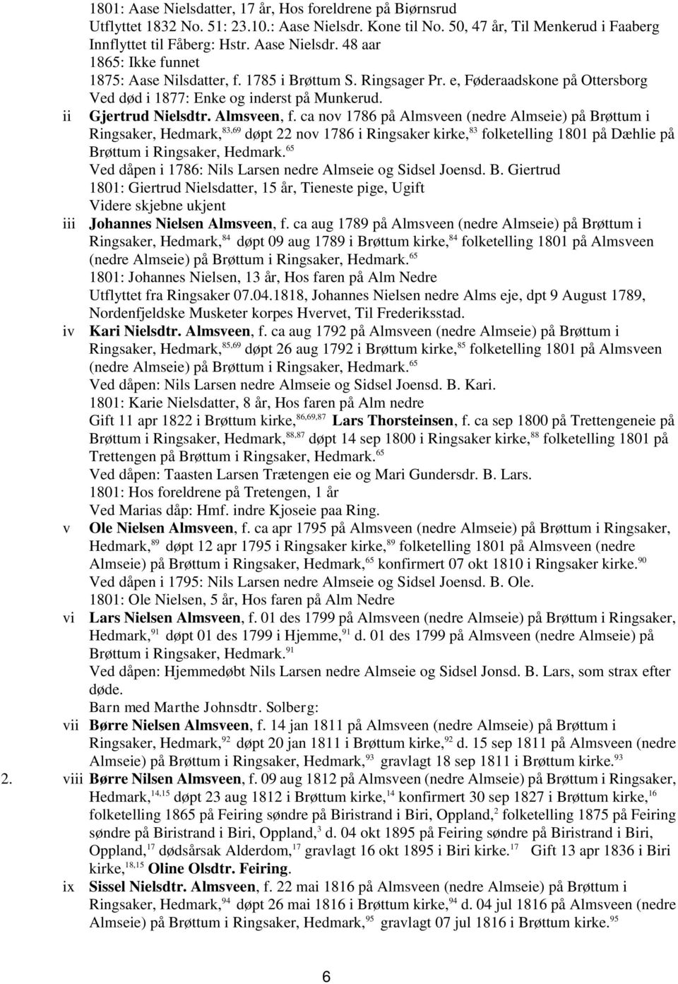 ca nov 1786 på Almsveen (nedre Almseie) på Brøttum i Ringsaker, Hedmark, 83,69 døpt 22 nov 1786 i Ringsaker kirke, 83 folketelling 1801 på Dæhlie på Brøttum i Ringsaker, Hedmark.